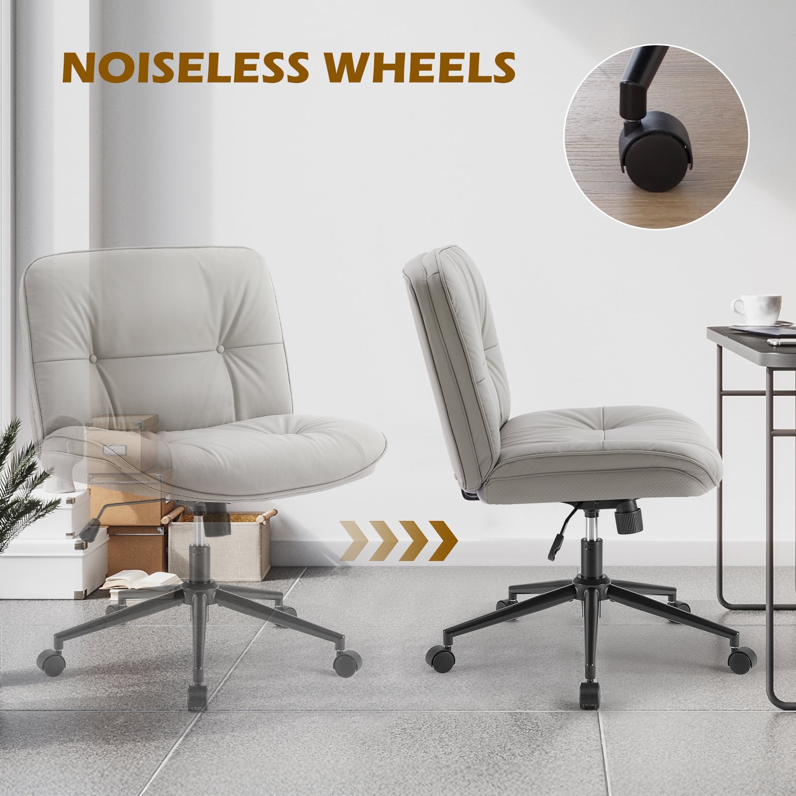 GIANNA Armless Office Desk PU Leather Wide Seat with Wheels, Criss Cross Legged Chair, Height Adjustable, Swivel, For Home Bedroom Office - Khaki