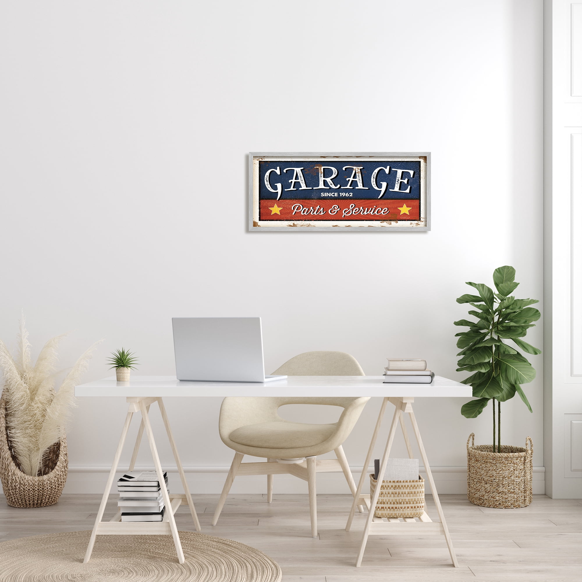 Stupell Industries Vintage Americana Garage Sign Parts and Service Phrase Graphic Art Gray Framed Art Print Wall Art, 13x30, by Jennifer Pugh