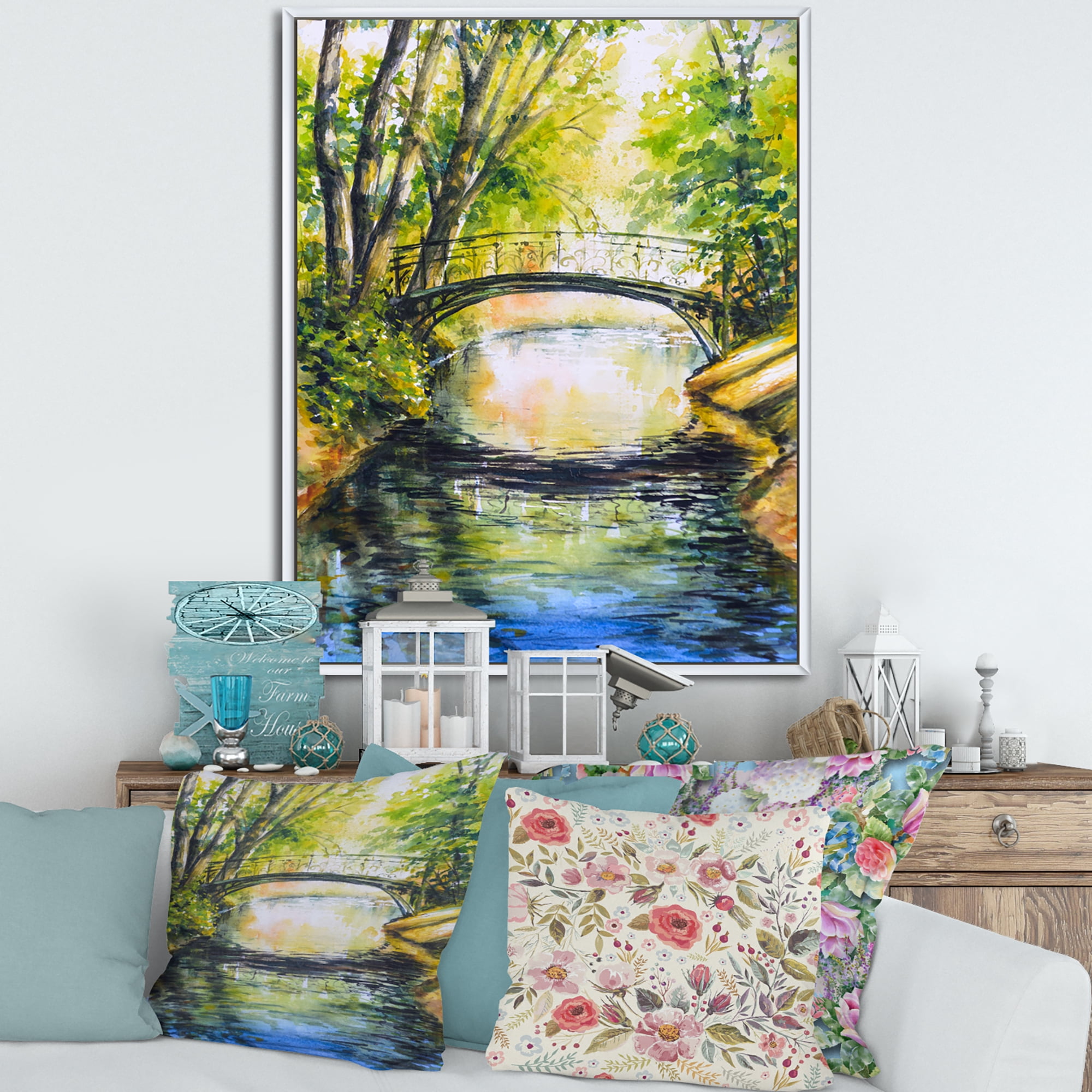 Designart 'Forest Park With Bridge Over Troubled Water' Lake House Framed Canvas Wall Art Print