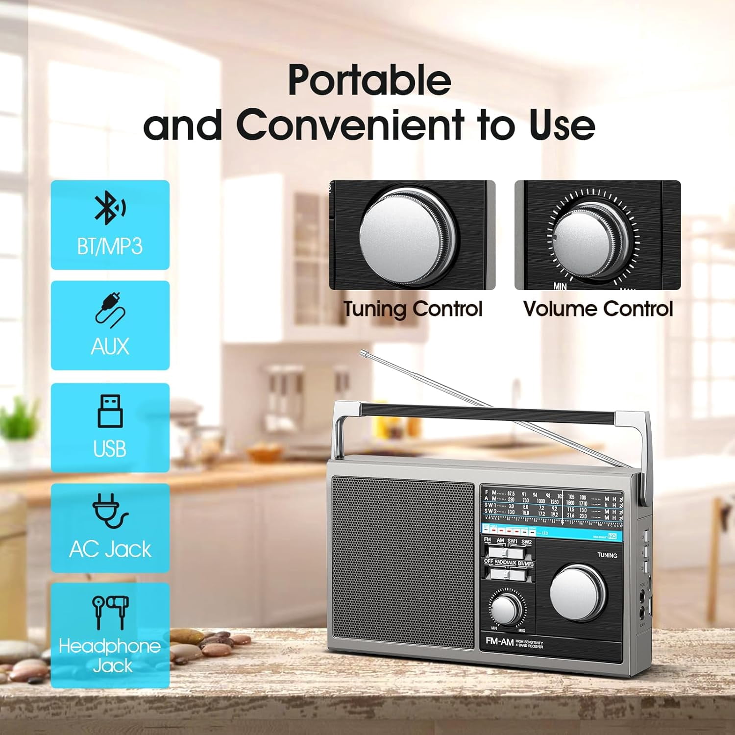 Portable AM FM Radio, Shortwave Transistor Radio with Best Reception, Battery Operated or AC Power Retro with Big Bluetooth Speaker, Earphone Jack USB TF Card AUX Input, for Senior(Gray)