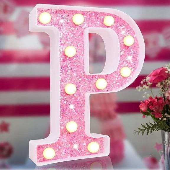Pink Light Up Letters, Glitter Alphabet Letter Sign Pink LED Marquee Letter Lights Battery Powered for Night Light Girls Bedroom ,Birthday Party