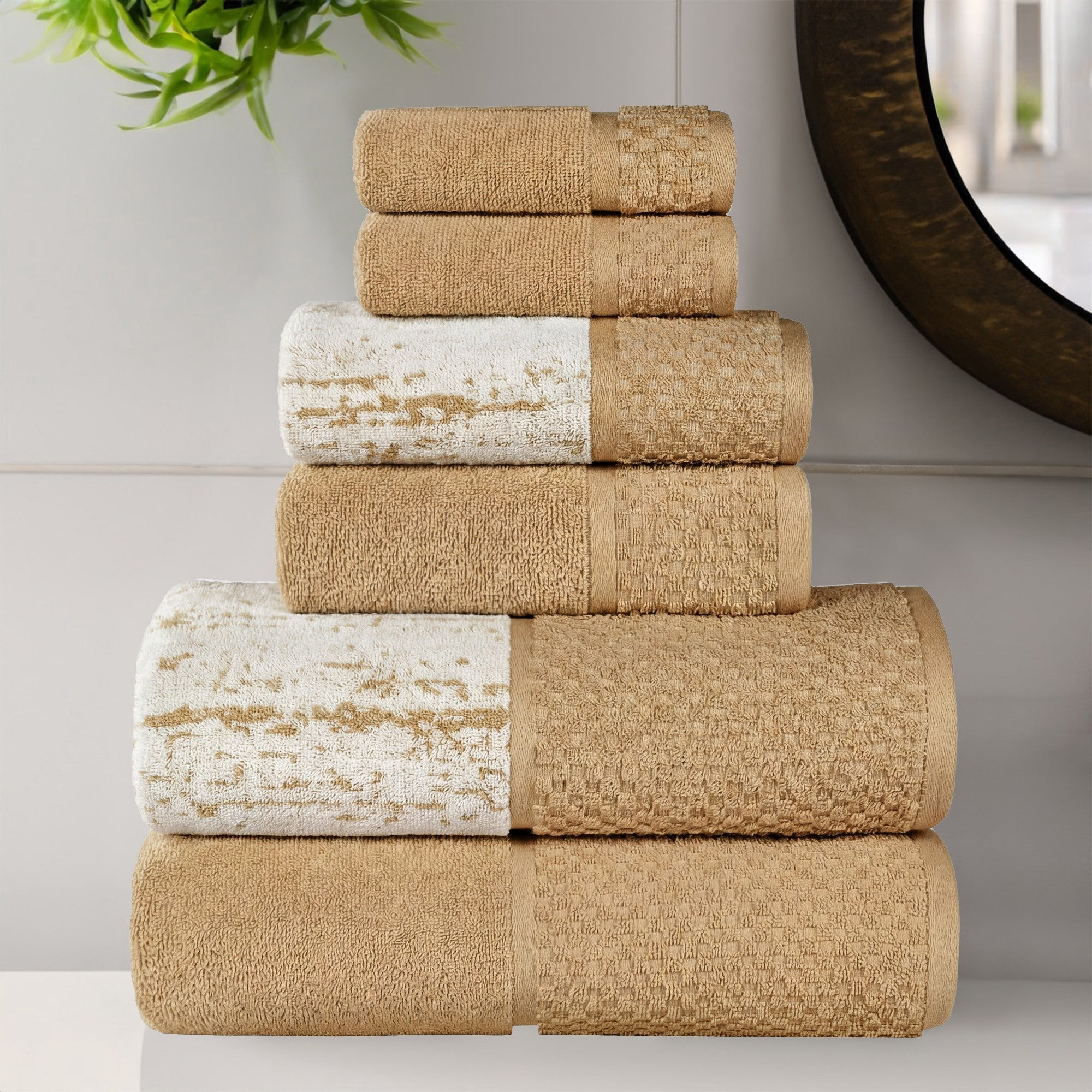 Superior Modern Cotton 6 Piece Bathroom Towel Set Mixed Pattern Solid, Bronze