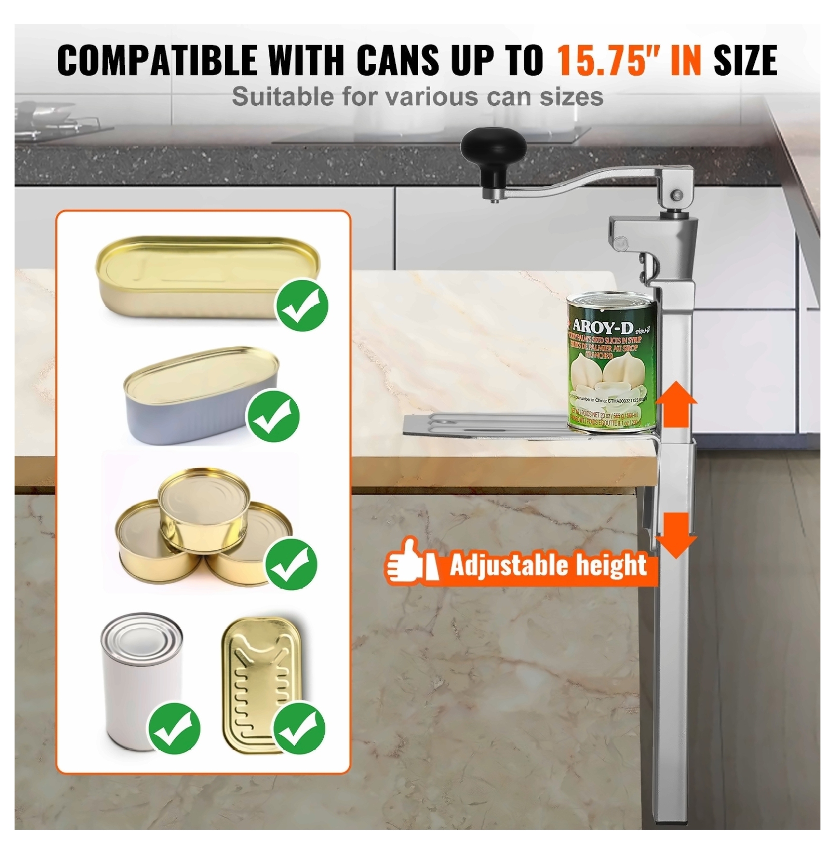 Commercial Can Opener, Heavy Duty Manual Can Opener for Large Cans - Up to 15.75", Restaurant Grade Tabletop Can Opener with Adjustable Height, Stainless Steel Blades