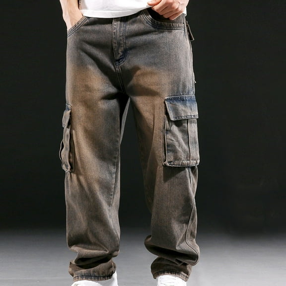 Pants for Men Work Men Vintage Outdoors Fashion Solid Casual Pocket Jeans Cargo Pants Bootcut Brown M
