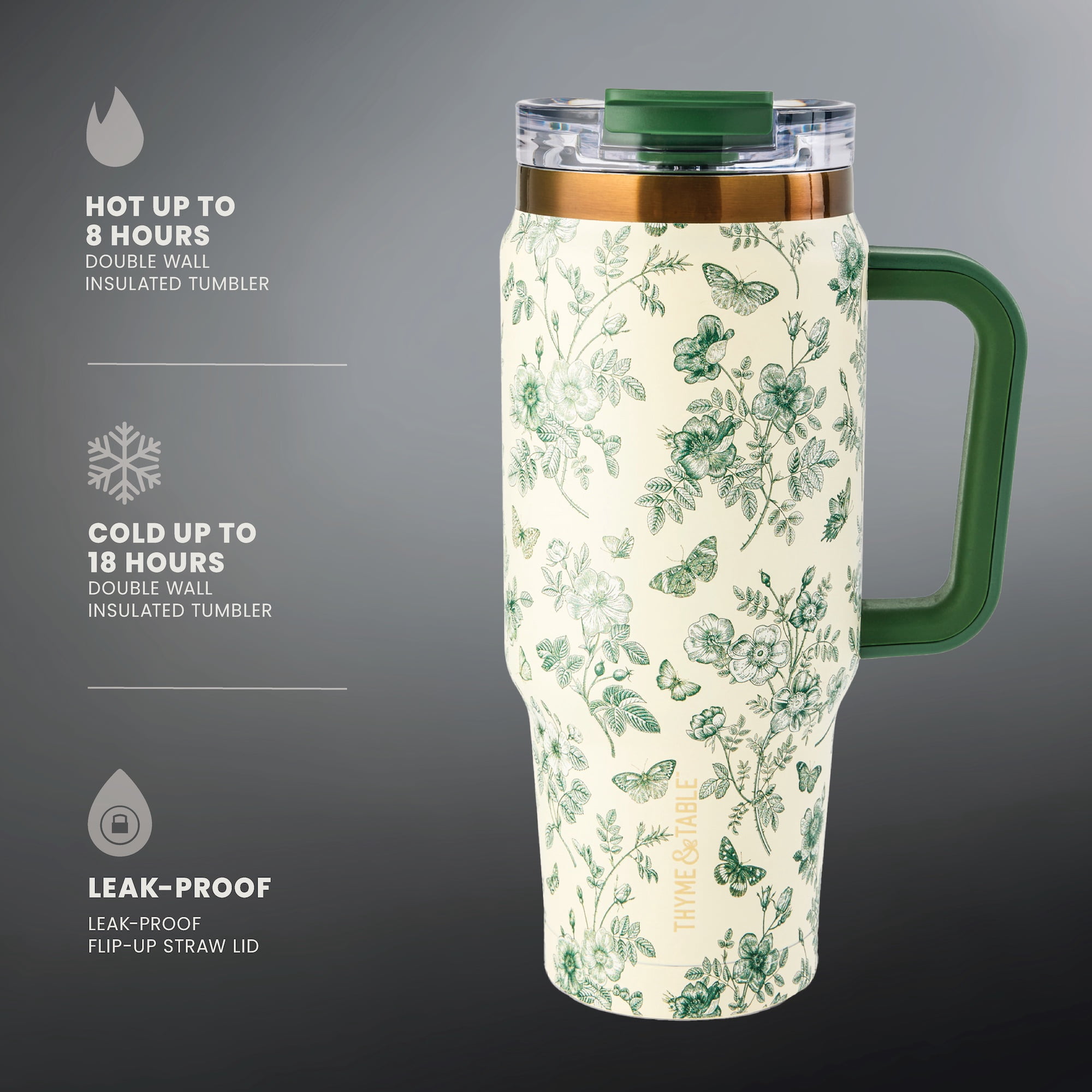 Thyme & Table 32oz Stainless Steel Luna Tumbler with Handle and Dual Straw Lid, Green Floral