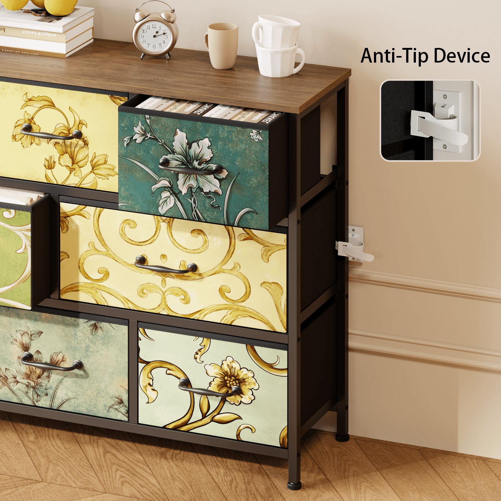TYDIMOR Fabric Dresser for Bedroom, 8 Drawer Chest of Drawers, Retro Flower, Ideal for Adults