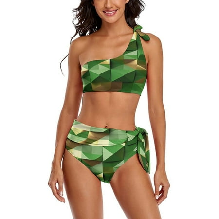 Green Gold Diamond Modern Art One Shoulder Bowknot Swimsuit Two Piece Swimsuit Knot Crop Top Bikini High Waisted Bathing Suit