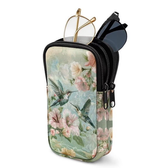 SEANATIVE Double Eyeglass Case with 2 Compartment Glasses Case Zipper Eyewear Pouch Lightweight Soft Neoprene Sunglasses Pouch Travel Glasses Storage Pouch Bag, Hummingbird Floral Green