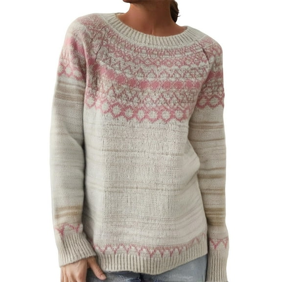 Stralyhd Fair Isle Sweater Women Lightweight Boho Vintage Knit Womens Sweaters Casual Loose Long Sleeve Crewneck Pullover Tops Black Sweaters for Women Khaki L