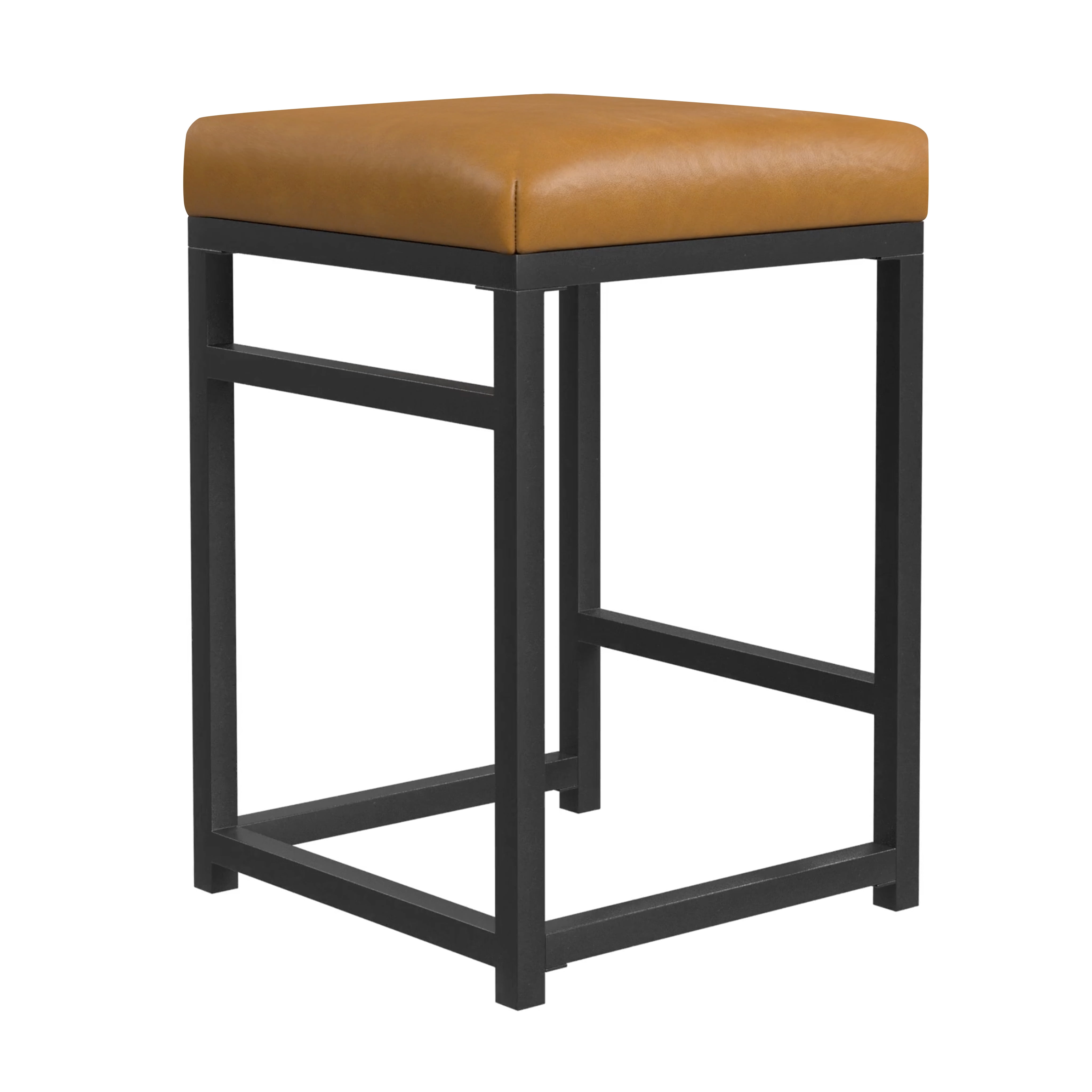 HomePop 24" Indoor Square Backless Metal Upholstered Counter Stool, Carmel Faux Leather