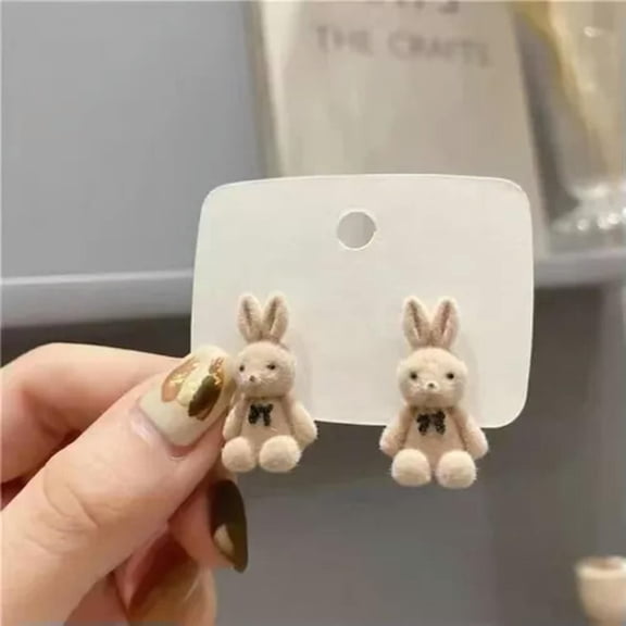 GKNET Cute Fluffy Teddy Bear Bunny Charm Earrings Fashion Delicate Jewelry Ear Accessories-Rabbit Beige