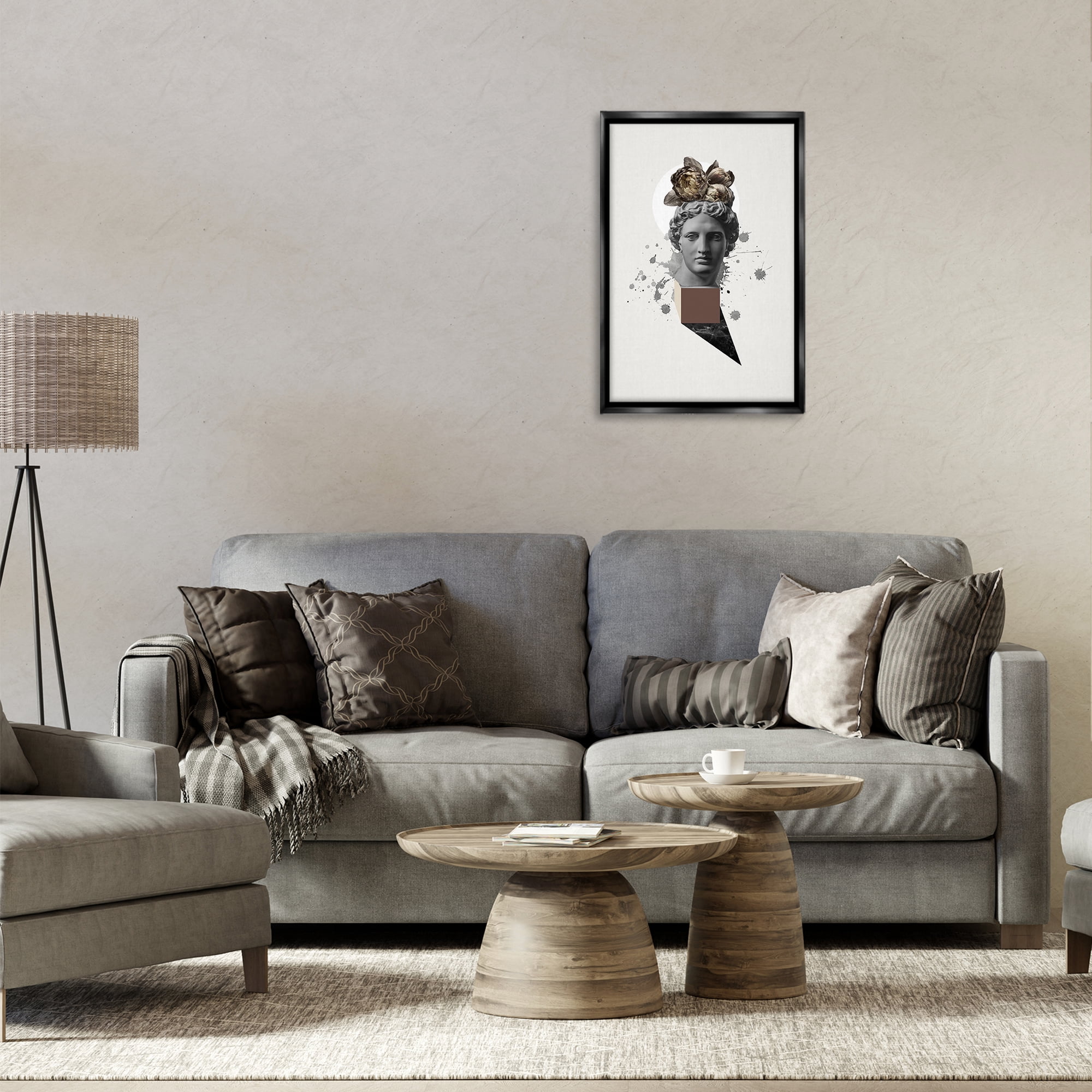 Stupell Industries Modern Statue with Peonies Botanical & Floral Painting Black Floater Framed Canvas Art Print Wall Art, 17 x 25