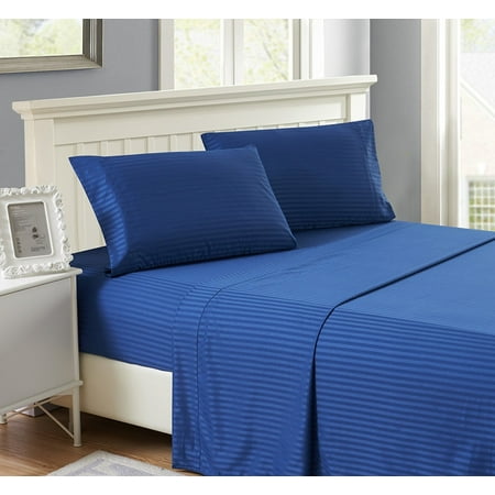 Hotel Quality Sheet Set Queen Size Stripe Navy Blue Luxury Double Brushed 100 Microfiber Easy Fit Wrinkle And Fade Resistant 9 Inch Deep