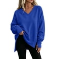 thumbnail image 5 of aohooy Women's Oversized Sweatshirt Fall Loose Pullover V Neck Long Sleeve Side Slit Top for Travel School Going Out Daily Wear Blue,XL, 5 of 8