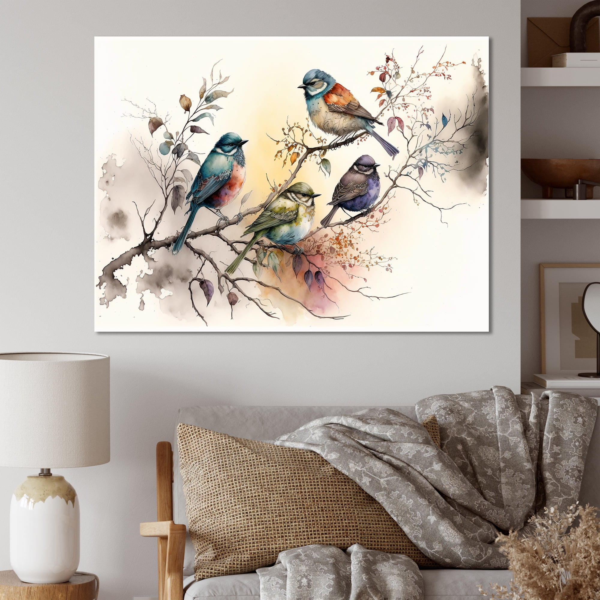 Designart Multicolor Birds On Plum Blossoms Tree XIX Canvas Wall Art