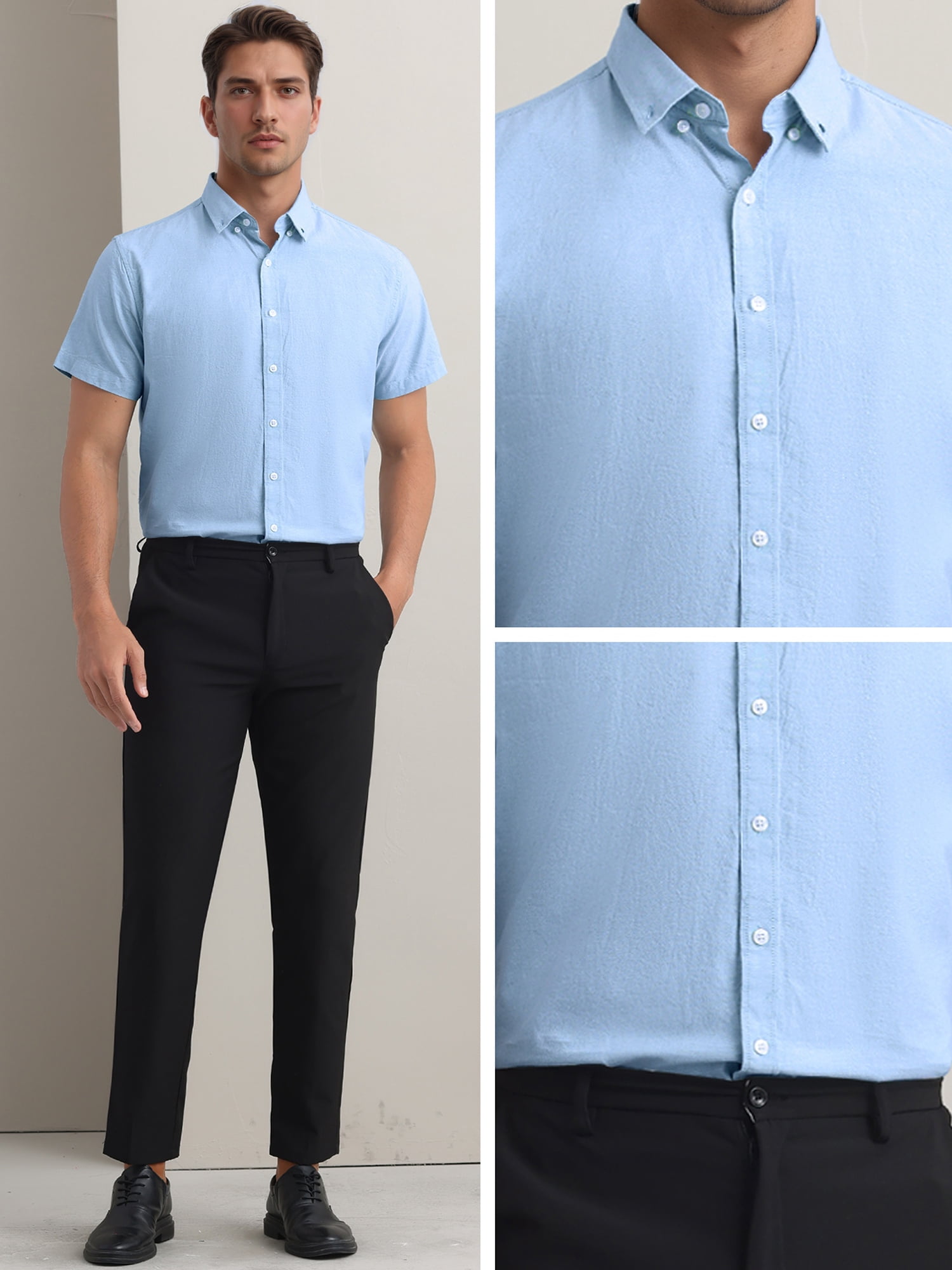 Unique Bargains Men's Short Sleeve Cotton Regular Fit Button Down Formal Shirt XL Blue