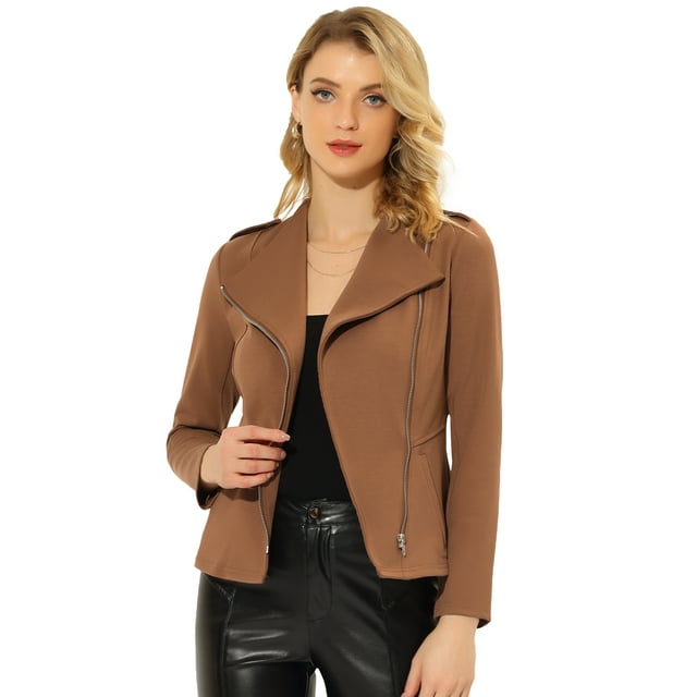 Unique Bargains Femmes Manches Longues Col Revers Fermeture Éclair Tricot Moto Veste de Motard Brun S
