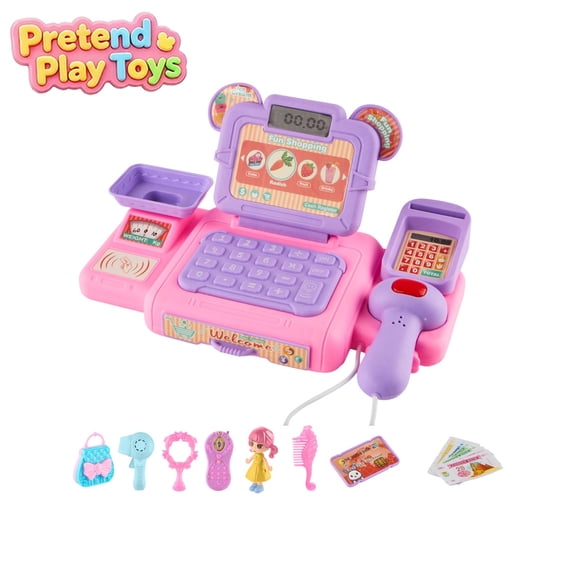 Light Sound Pretend Cash Register Play Toys, Kids Toddler Supermarket Shopping Checkout Playset with Scan Gun Doll Beauty Accessories, Imaginative Grocery Store Role Play Kit for Boys Girls Ages 3