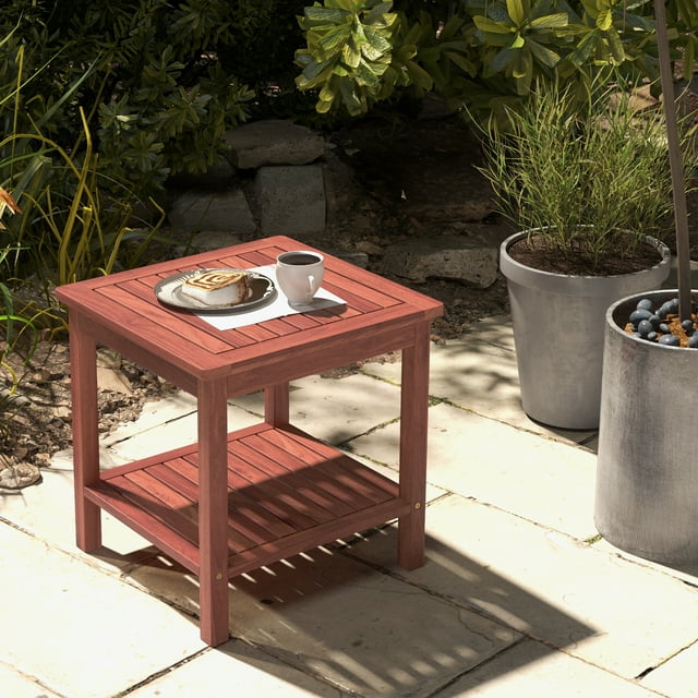 Patiojoy 2pcs Patio Side Table Double-Tier Acacia Wood End Table Slatted Tabletop & Shelf Outdoor Small Side Table with Storage