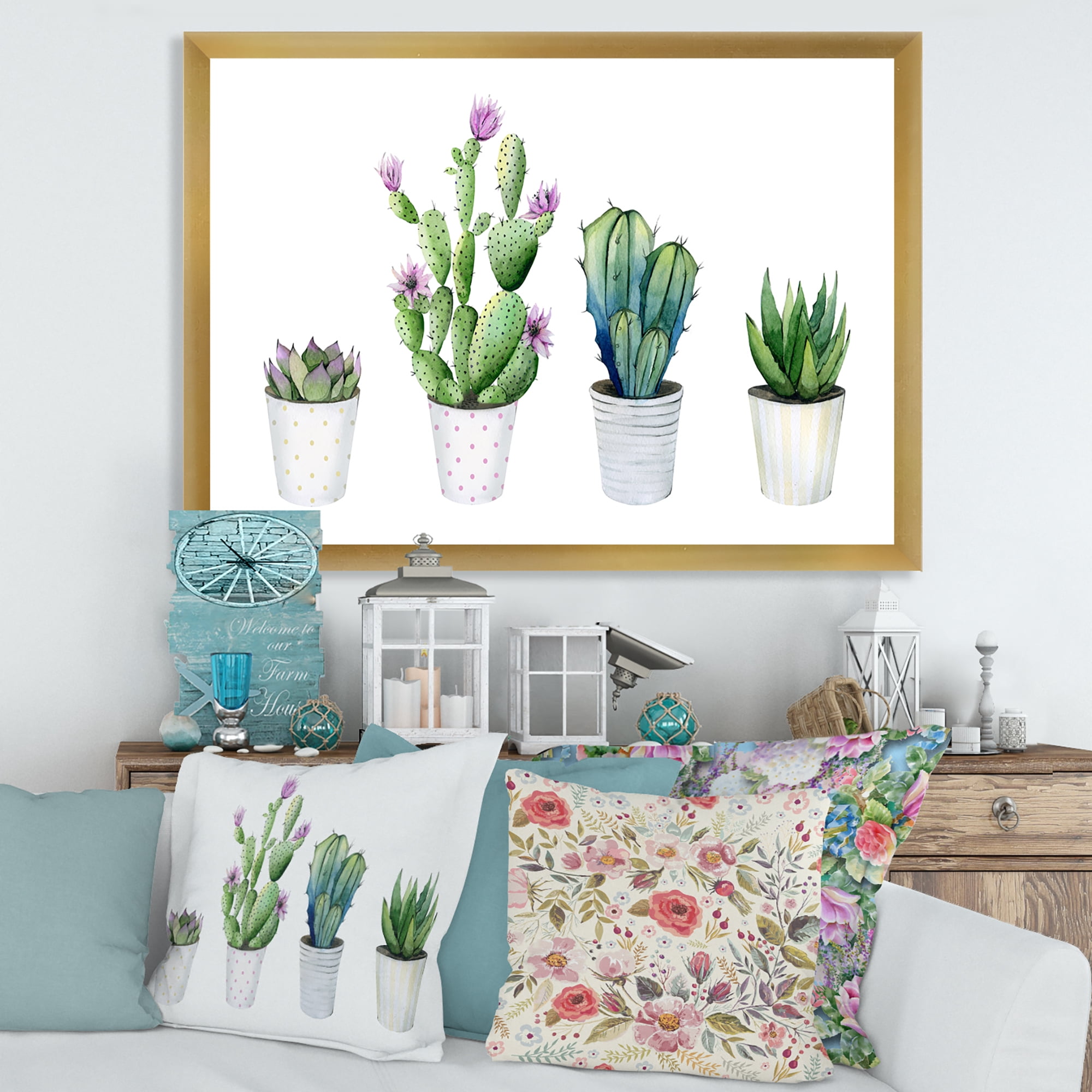Designart 'Aloe Vera Cactus Succulent Home Plants In The Pots' Farmhouse Framed Art Print