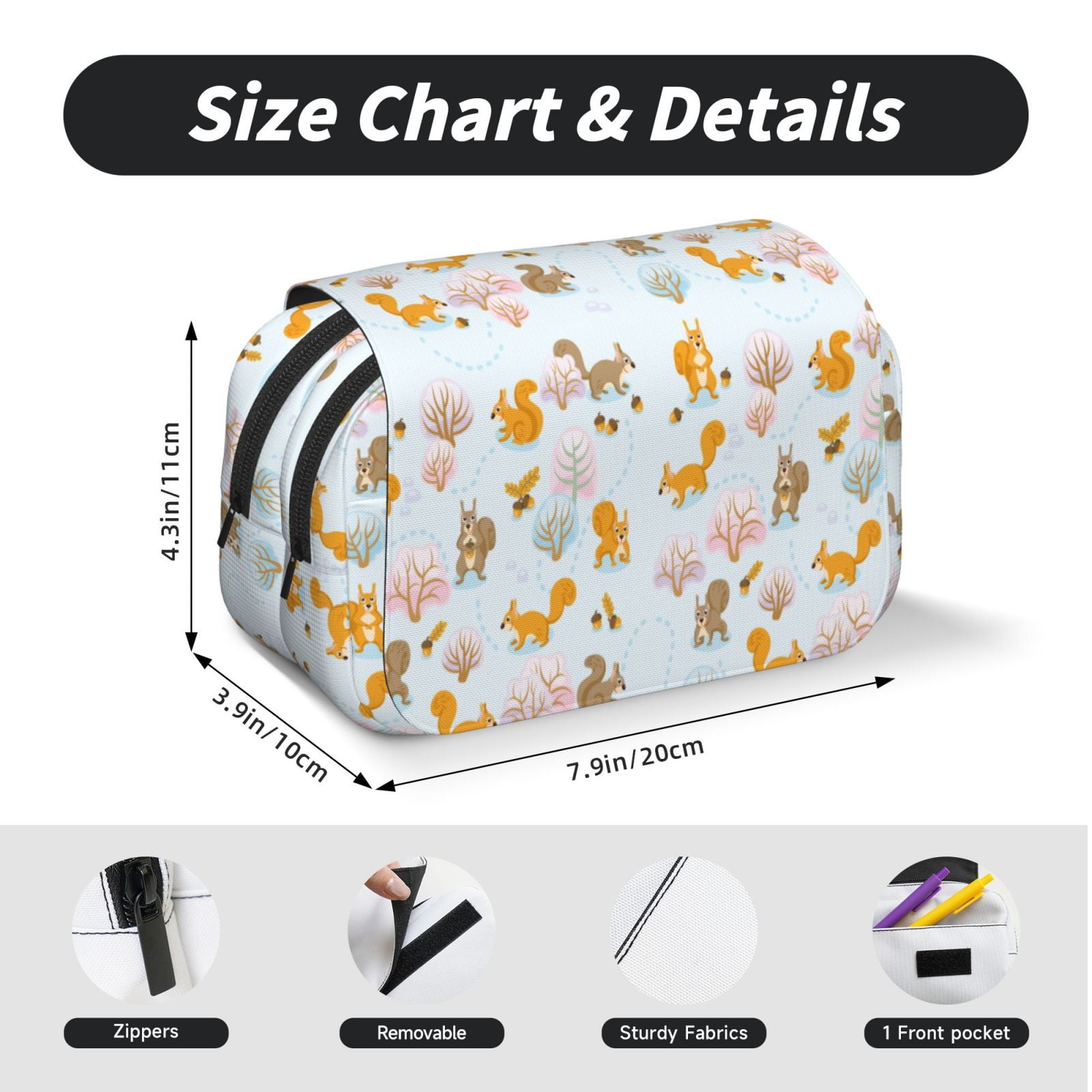 Rateoe Squirrel In The Forest Pattern Double Clamshell Pen Case, Storage Organizer with Two Zipper Compartments– Holds Up to 50 Pencils & Pens