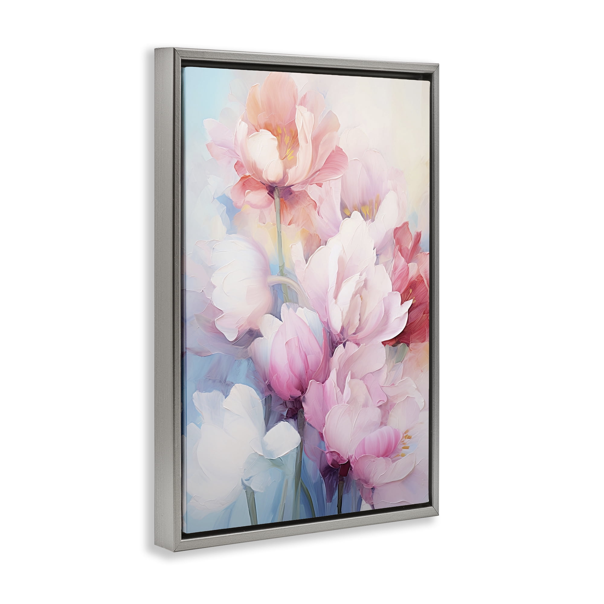 Stupell Industries Soft Tulip Blossoms Botanical & Floral Painting Gray Floater Framed Art Print Wall Art, 21 x 31