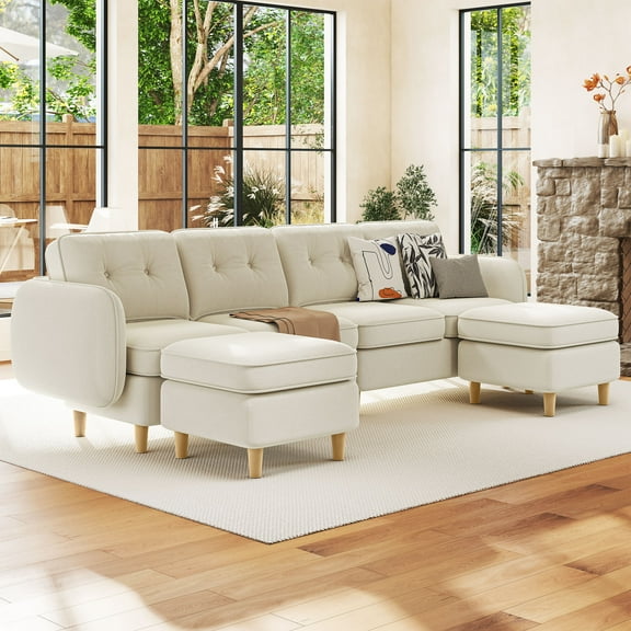 Dextrus Modular Sectional Sofa, Velvet 6-Seater L/U-Shaped Couch with Tufted Backrest for Living Room, Beige