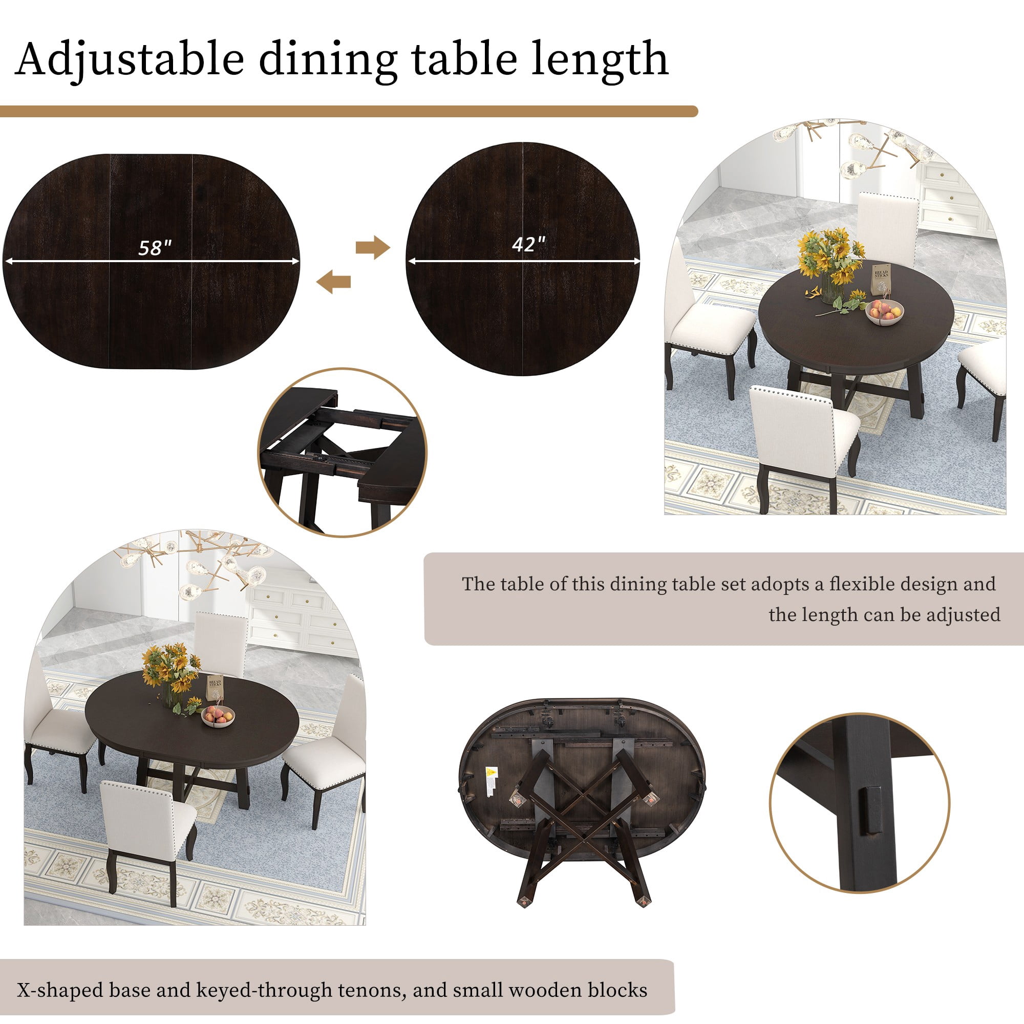 Aukfa Dining Table for 4-6, 42"-58" Extendable Round Kitchen Table with 16" Rustic Drop Leaf for Dining Room/Living Room, Espresso