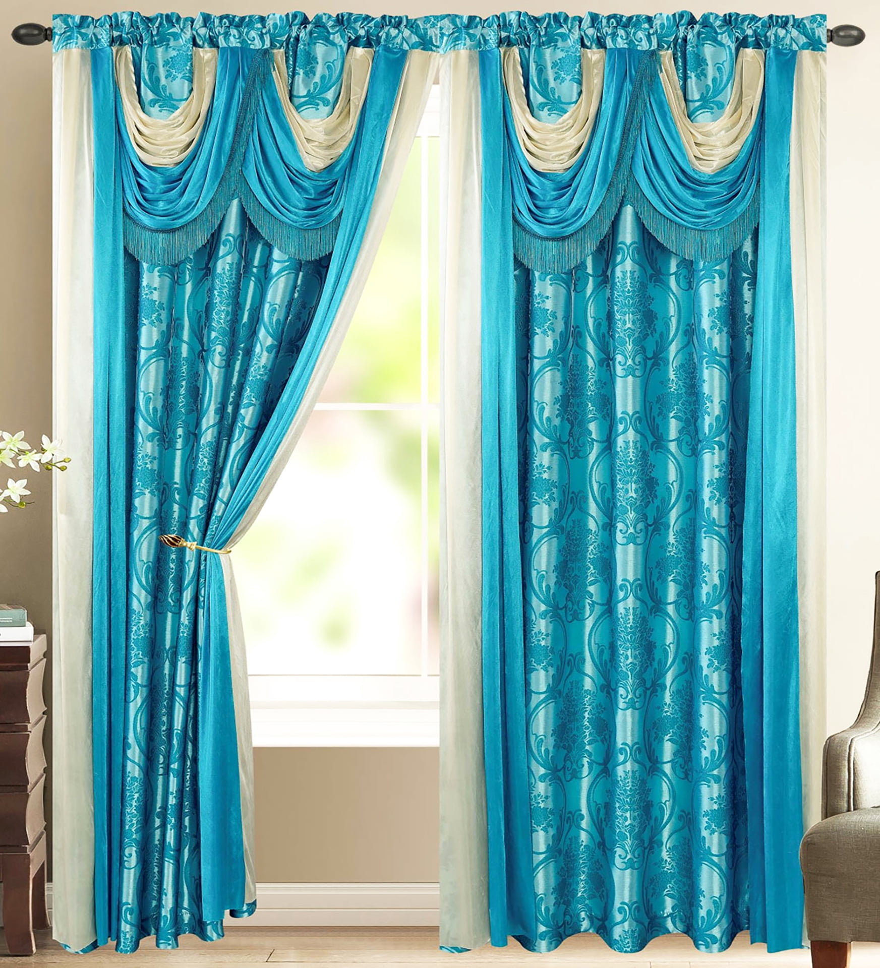 Bella Luxury Jacquard Curtain Panel with Attached Waterfall Valance ...