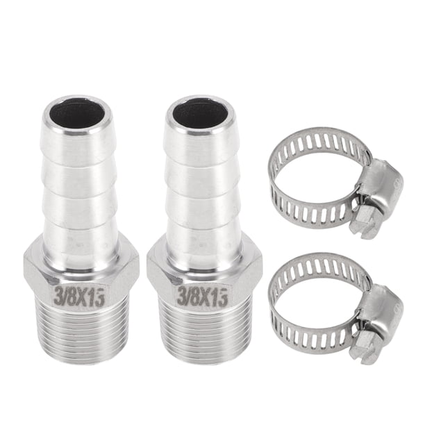 Accesorios de manguera Unique Bargains con 2 abrazaderas, adaptador de compresión de rosca macho para aire, agua, aceite, gas, combustible, acero inoxidable 33/64" OD 3/8" BSPT 1 juego tono plateado