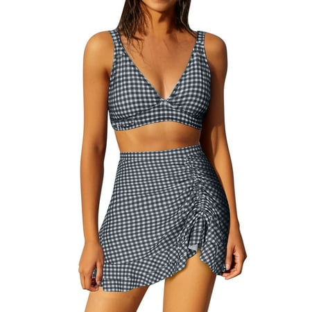 Wdfiry Womens Two Piece Swimwear Deep V Neck High Waisted Pleated Bathing Suit Seamless Full Coverage 2025 Fashion Swimsuit