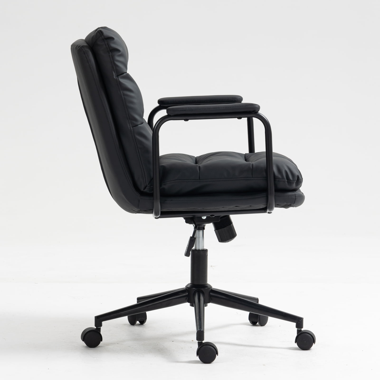 MAYEERTY Mid-Back Office Chair - PU Leather, Ergonomic, Padded Armrests, 40掳 Recline, Rolling Swivel, Black