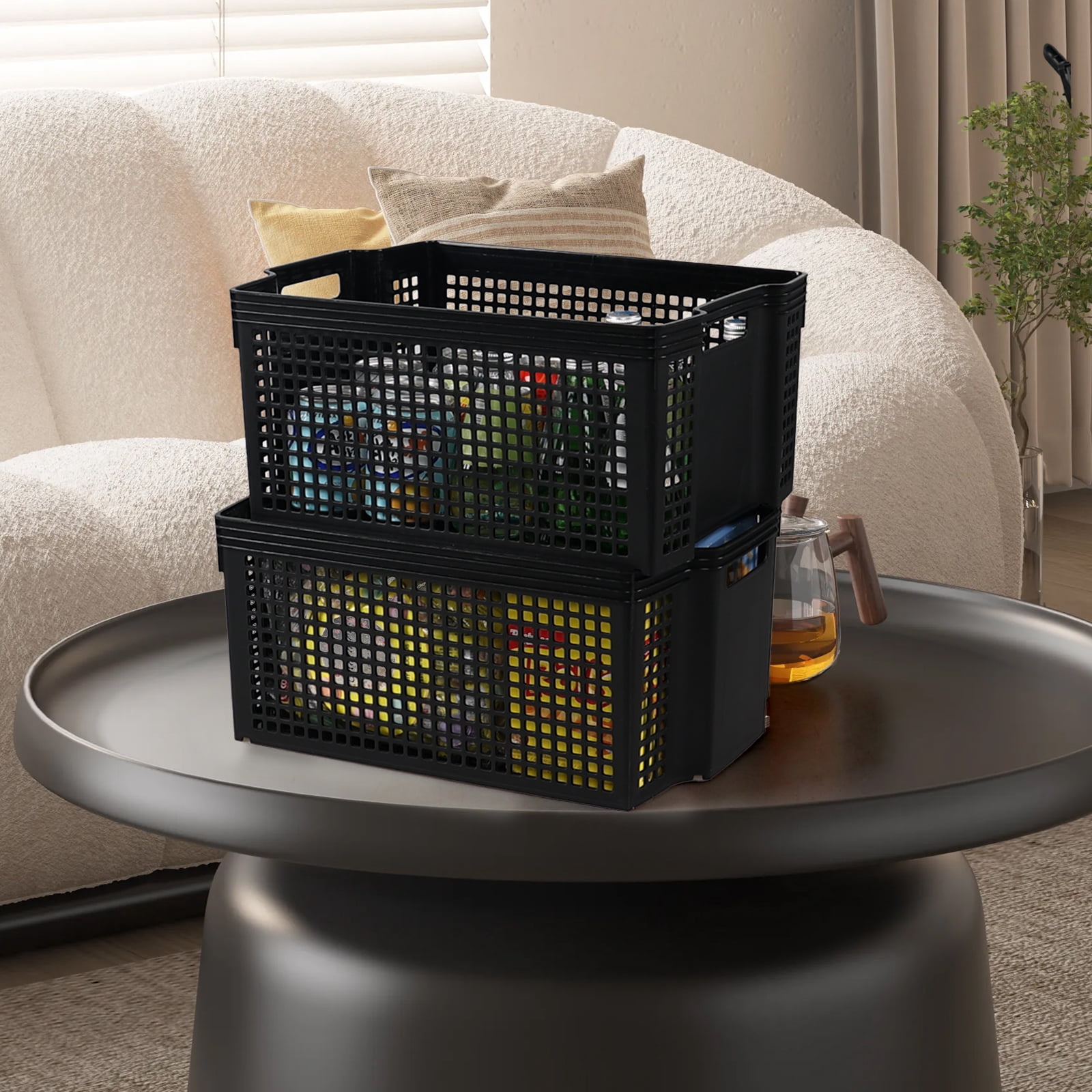 Fabnati Black Large Shelf Storage Basket, 6 Pack Stackable Plastic Organizing Basket Bin