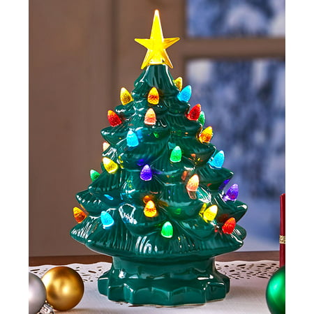 Retro Tabletop Lighted Ceramic Christmas Trees Green or White with Multi Lights NEW (Green,