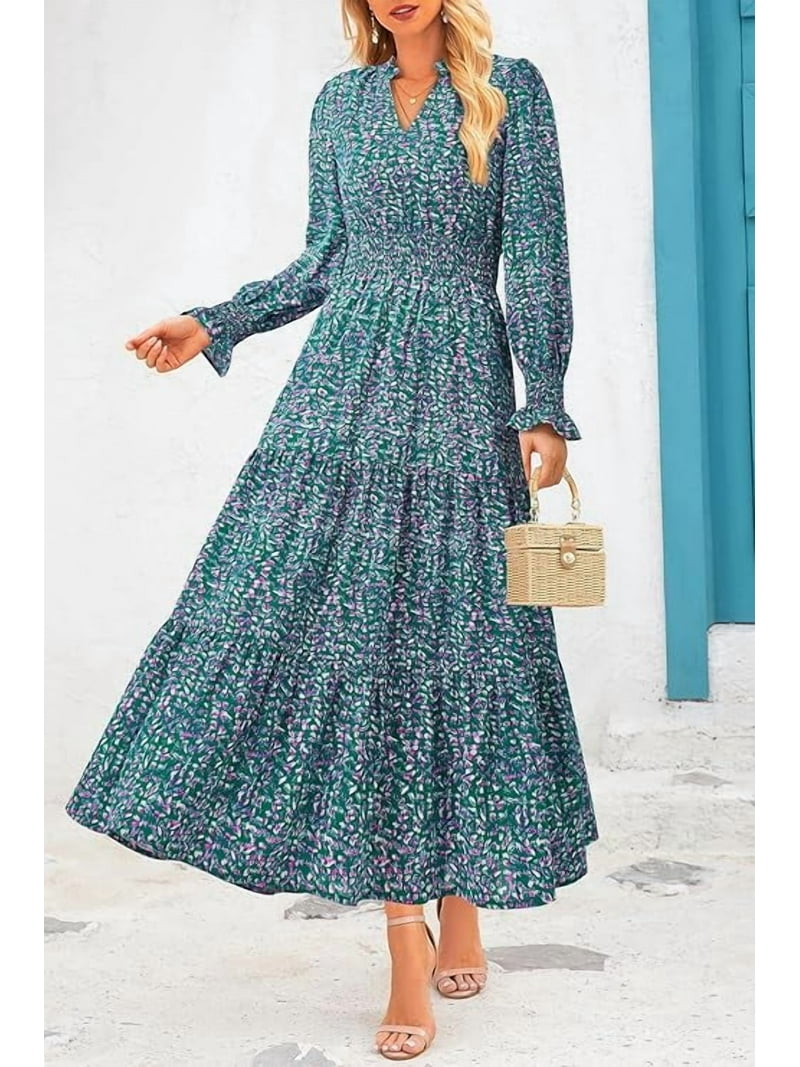 Prettygarden Women's Floral Maxi Dress Spring Long Sleeve V Neck Casual A Line Long Flowy Boho Party Dresses, Size: XL, Green