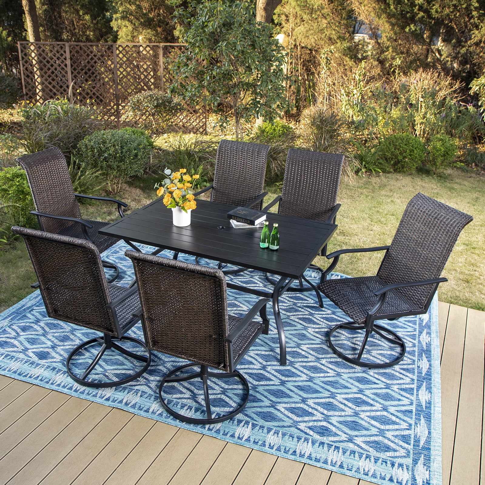 MF Studio 7 Piece Patio Dinning Set with 6 Rattan Swivel Chairs