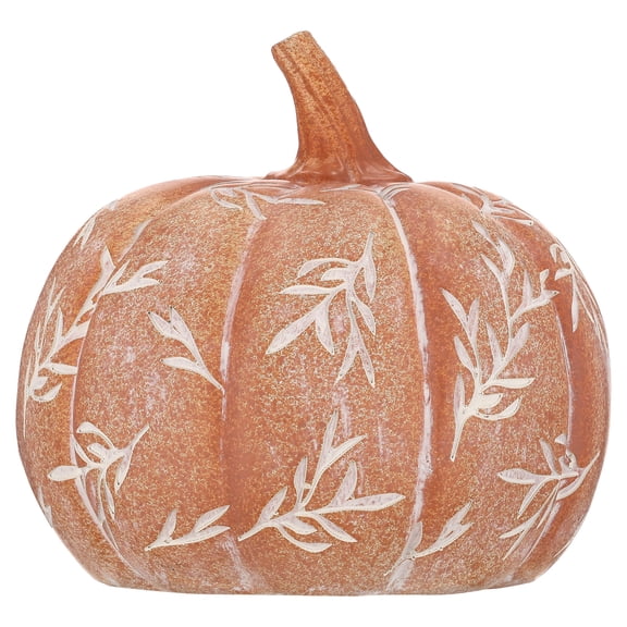 Small Etched Leaf Resin Pumpkin Decoration, Orange and White, 7", Fall by Way To Celebrate
