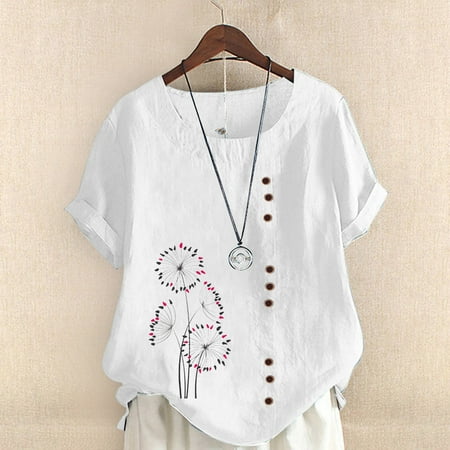 

WOXINDA Women s Printed Round Neck Raglan Sleeve Hem Slit Loose Short Sleeve Button Decoration Shirt Womens Tee Tops Cotton Bra plus