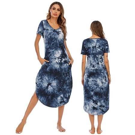 

Womens Summer Short Sleeves Dress Plain Solid Color Casual Loose Dress