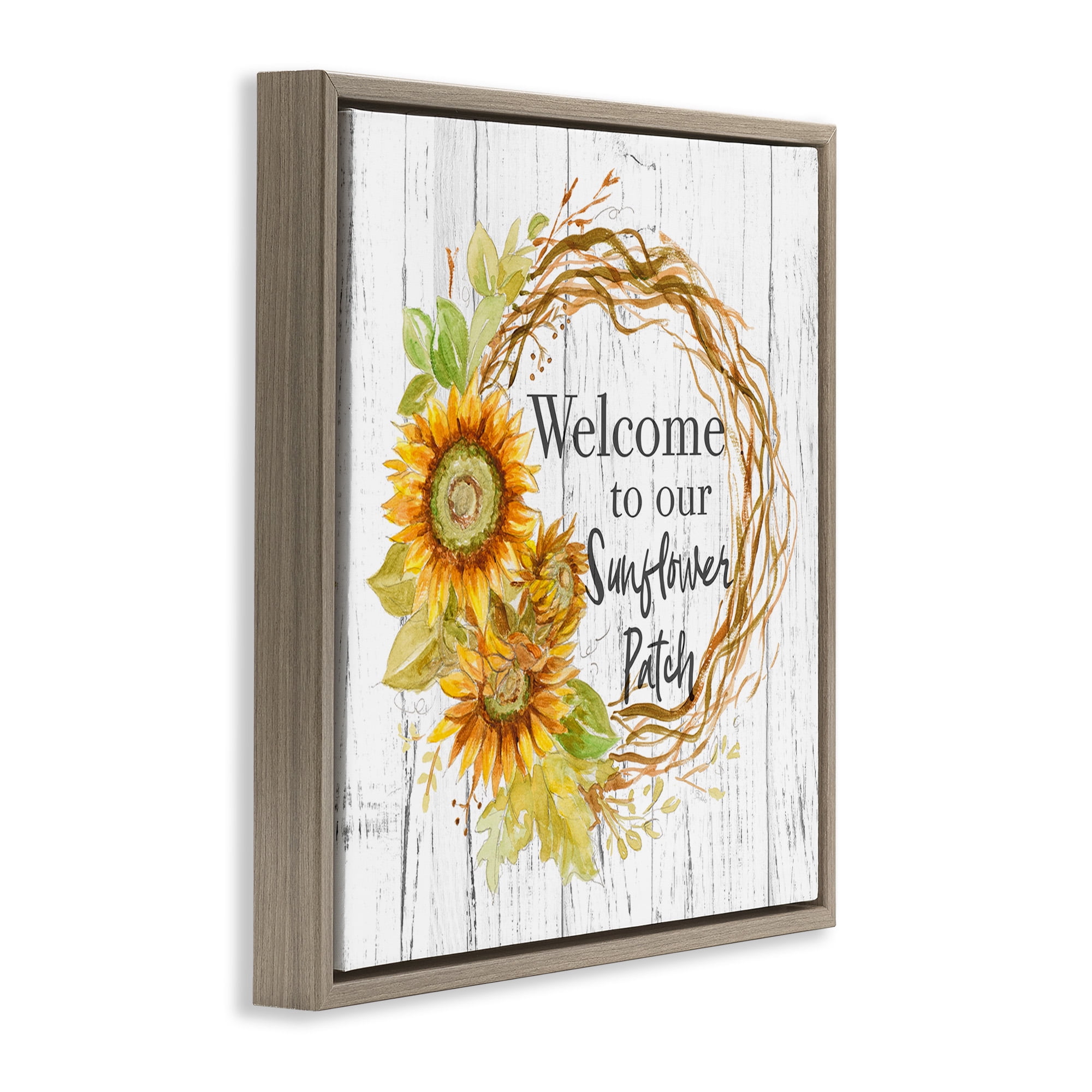 Stupell Industries Welcome Rustic Floral Wreath Botanical & Floral Painting Brown Floater Framed Canvas Art Print Wall Art, 18 x 18