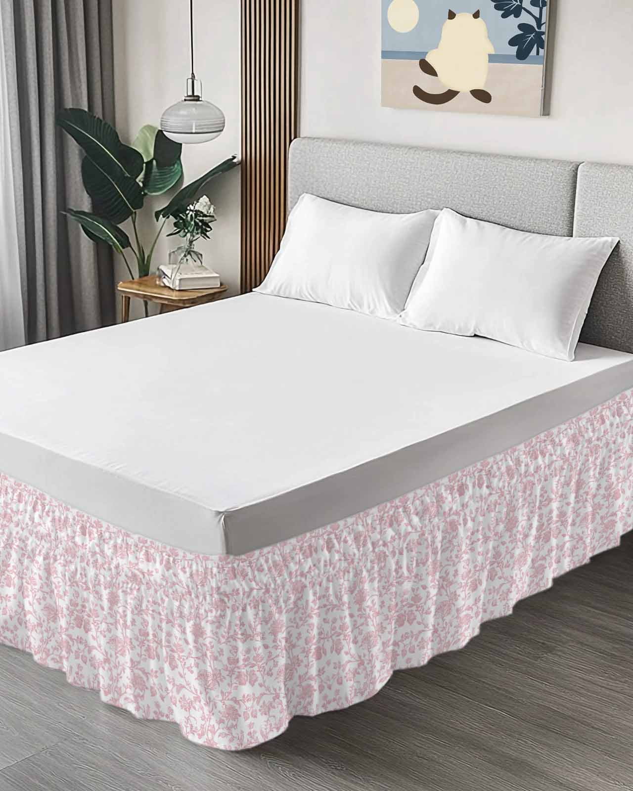 Light Pink Floral Paisley Bed Skirt Queen Size 16" Drop Boho Leaf Vintage Farmhouse Linen Ruffled Wrap Around Bed Skirts Adjustable Elastic Bedskirt Dust Ruffle for Queen Size Bed