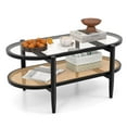 thumbnail image 1 of Costway 2-Tier Coffee Table Tempered Glass Top with PE Rattan Shelf & Acacia Wood Frame Black, 1 of 10