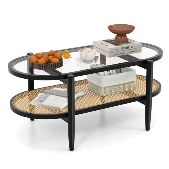 Costway 2-Tier Coffee Table Tempered Glass Top with PE Rattan Shelf & Acacia Wood Frame Black