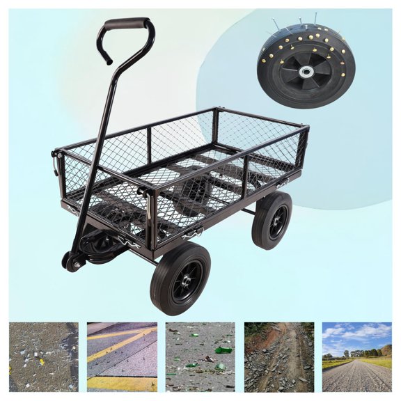 Garden Cart with Solid Wheels - Heavy Duty Utility Wagon for Firewood, Yard Work & Farm Tools - Multi-Functional Garden Dump Cart