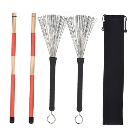 Carevas 1 Pair Drum Rods + 1 Pair Drum Brushes Drum Stick Set with Storage Bag for Jazz Folk
