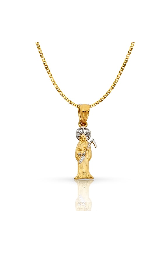 14K Two Tone Gold Devil Pendant with 1.2mm Flat Open Wheat Chain Chain Necklace - 16"