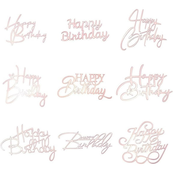 1set 18pcs 9 styles Birthday Cake Toppers Acrylic Mirror Cake Insert Card Cake Decor Supplies Word Happy Birthday Hot Pink 37~95x83~118x1mm 2pcs/style