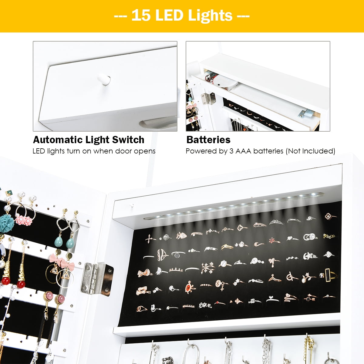 Costway Contemporary MDF Jewelry Cabinet with LED Lights in Brown