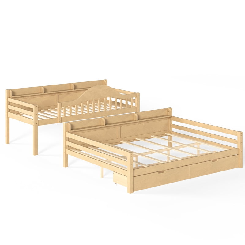 Twin XL Over Queen Bunk Bed with Storage Drawers, Solid Wood Bunk Bed Frame with Curved Guardrails, Side Storage Shelves and Ladder, No Box Spring Needed