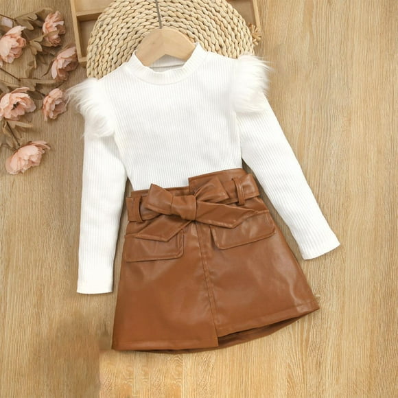 karymi Summer Shop Long Sleeve Sweater Top Leather Skirt Girl's Set Top Skirt Set Two Piece Suitable For 1~6 Years Old Age Outfit Sets White 90